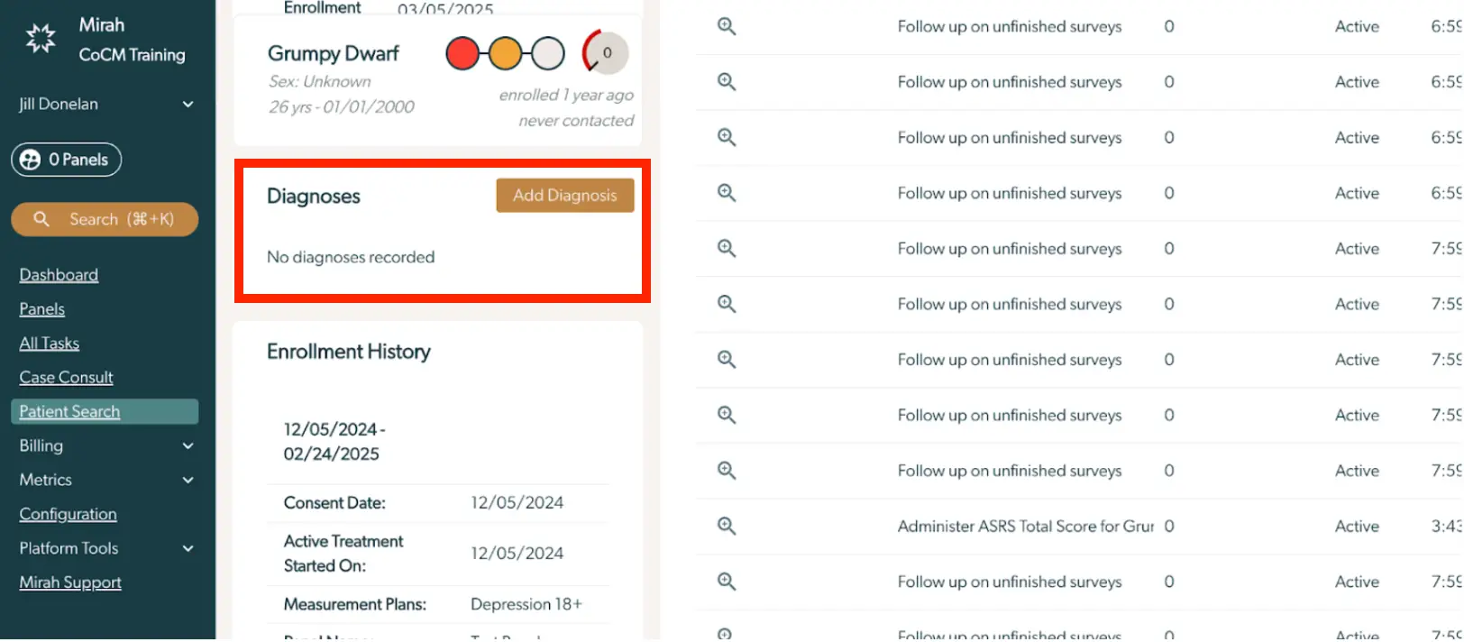 Mirah Collaborative Care interface showing patient diagnosis and enrollment history with navigation menu.