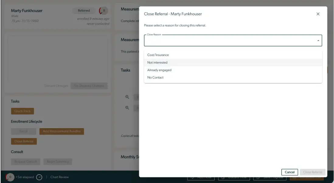 Close Referral dialog in Mirah Collaborative Care for patient Marty Funkhouser.