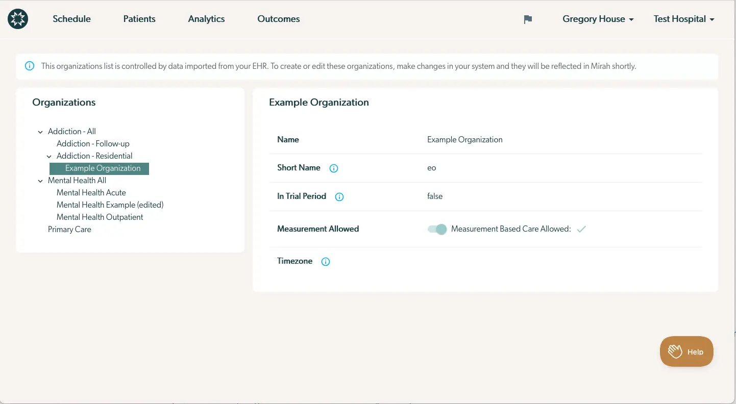 Mirah Collaborative Care Integration Onboarding Data Quality Checklist screen showing organization details and settings.