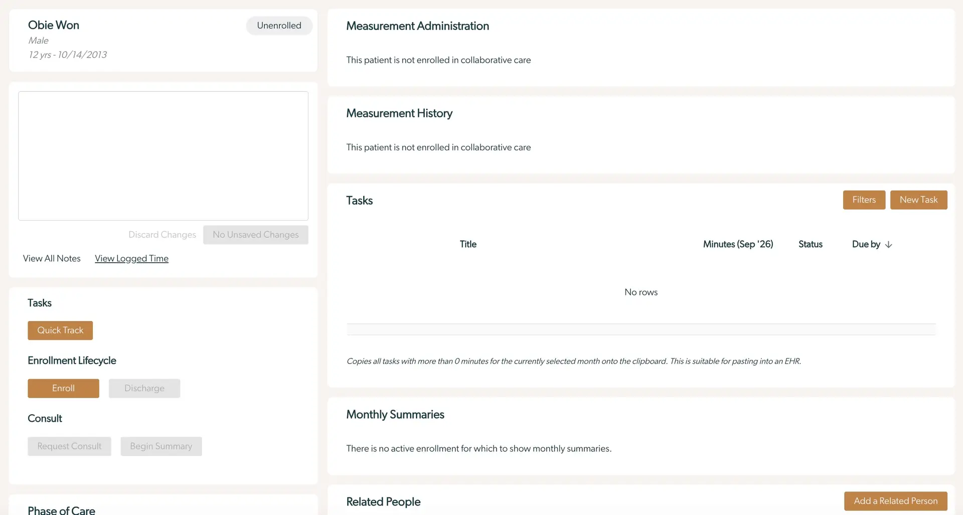 Mirah Collaborative Care patient enrollment and intake screen showing patient details, tasks, and enrollment options.