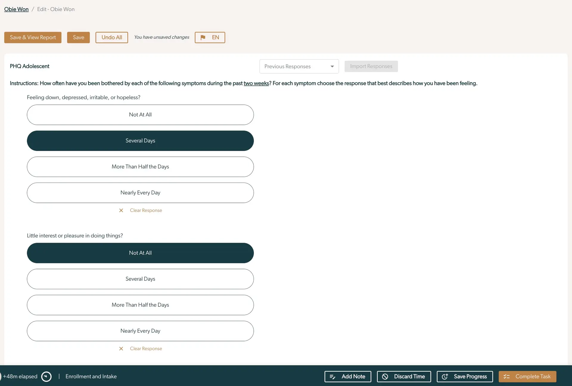 Mirah Collaborative Care patient intake form for PHQ Adolescent assessment