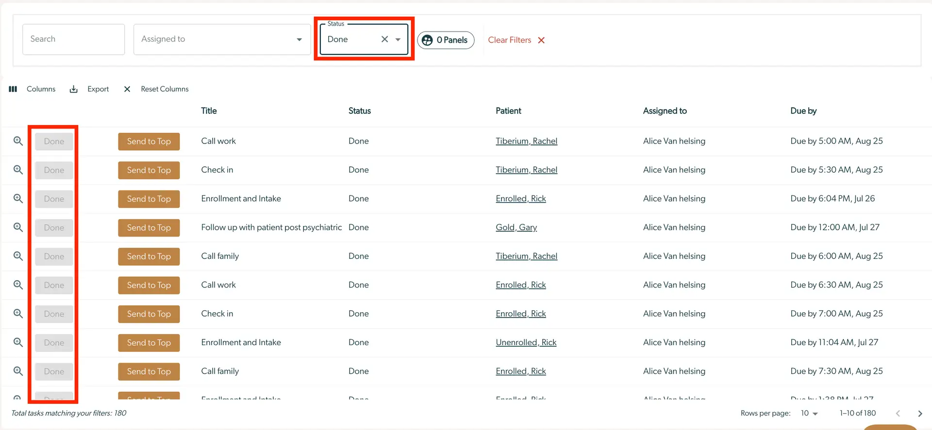 Mirah Collaborative Care Tasks section showing completed tasks filtered by status 'Done'.