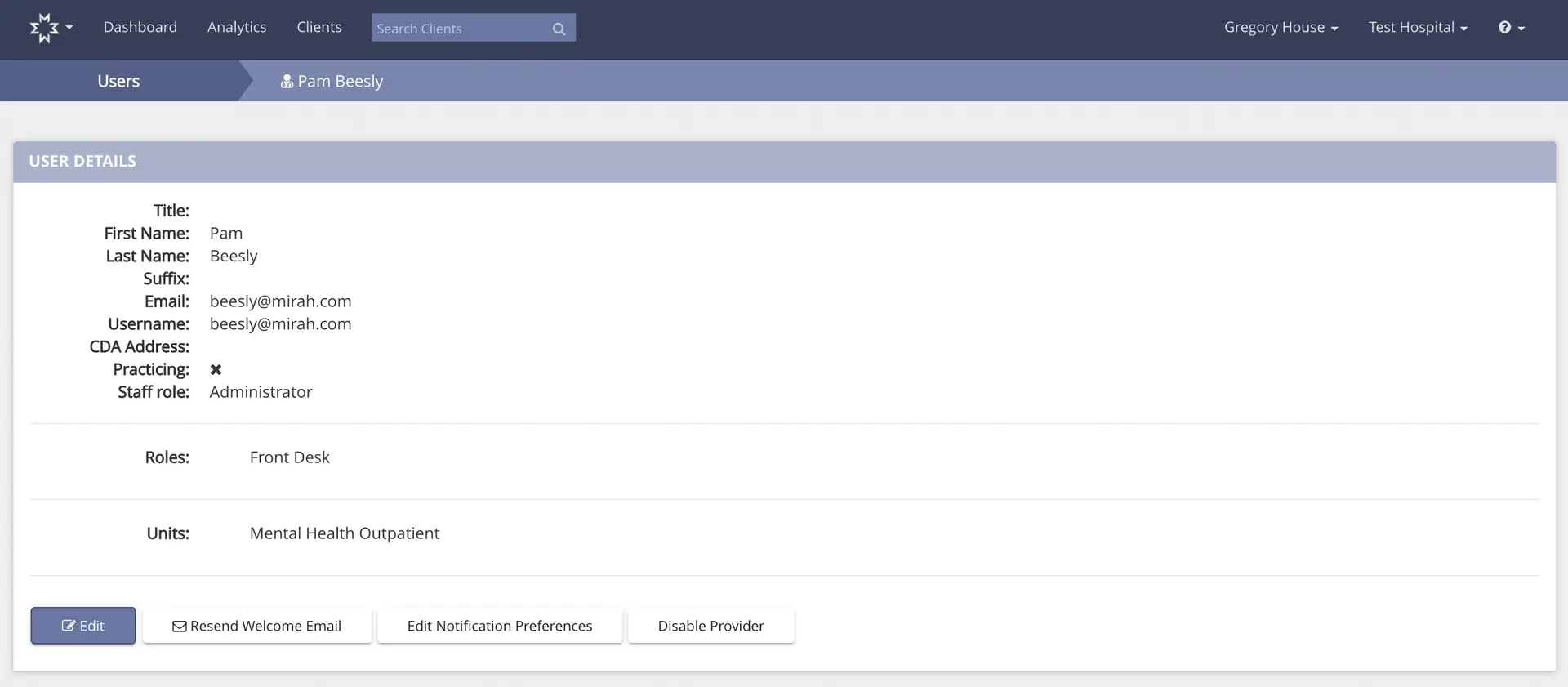 Mirah Collaborative Care - Users - Pam Beesly - User Details