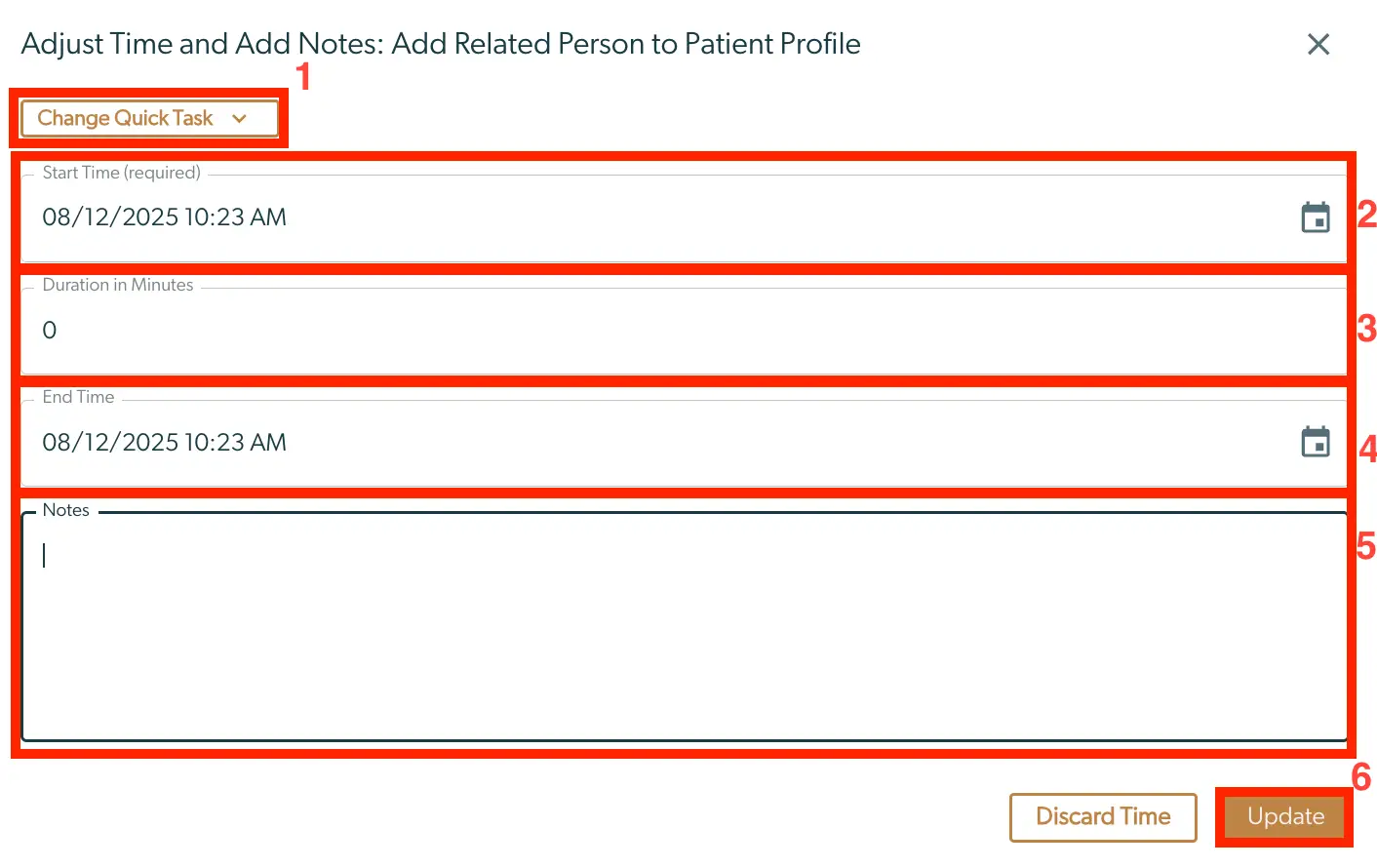 Mirah Collaborative Care - Adjust Time and Add Notes screen for adding a related person to patient profile.