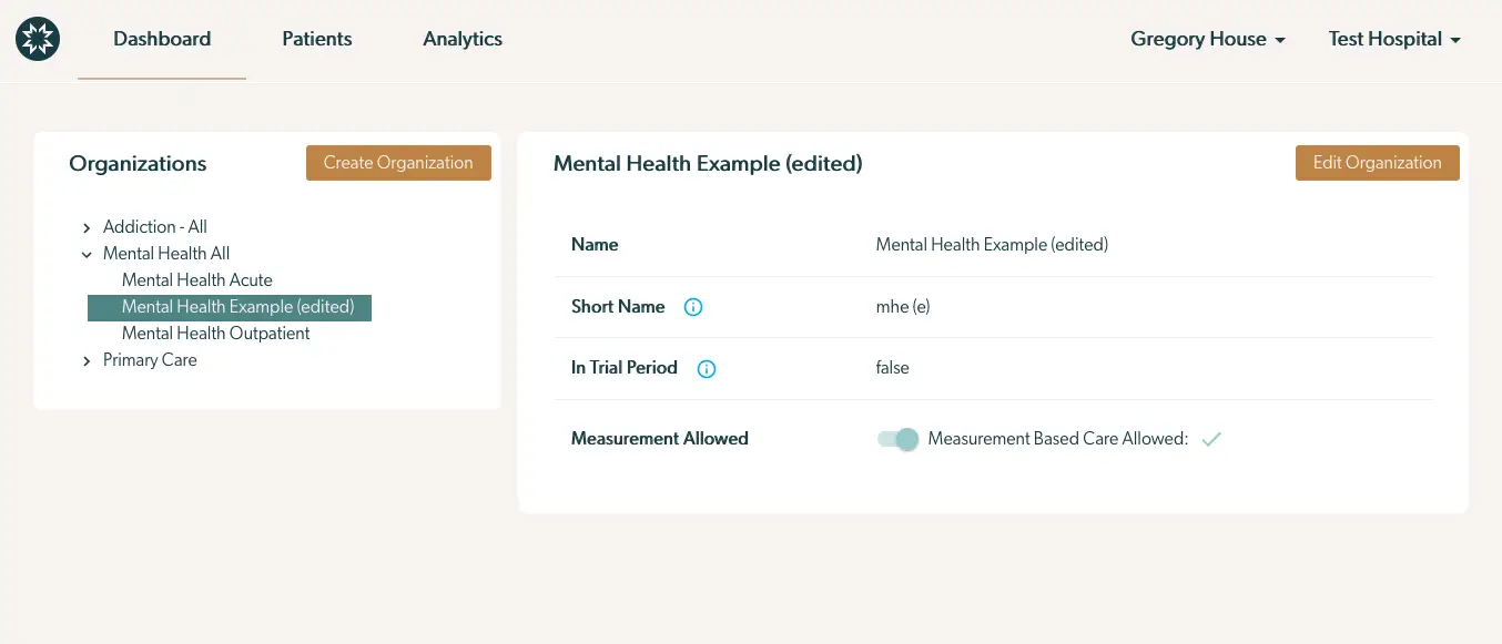 Mirah Collaborative Care - Edit Organization screen showing details for Mental Health Example (edited)