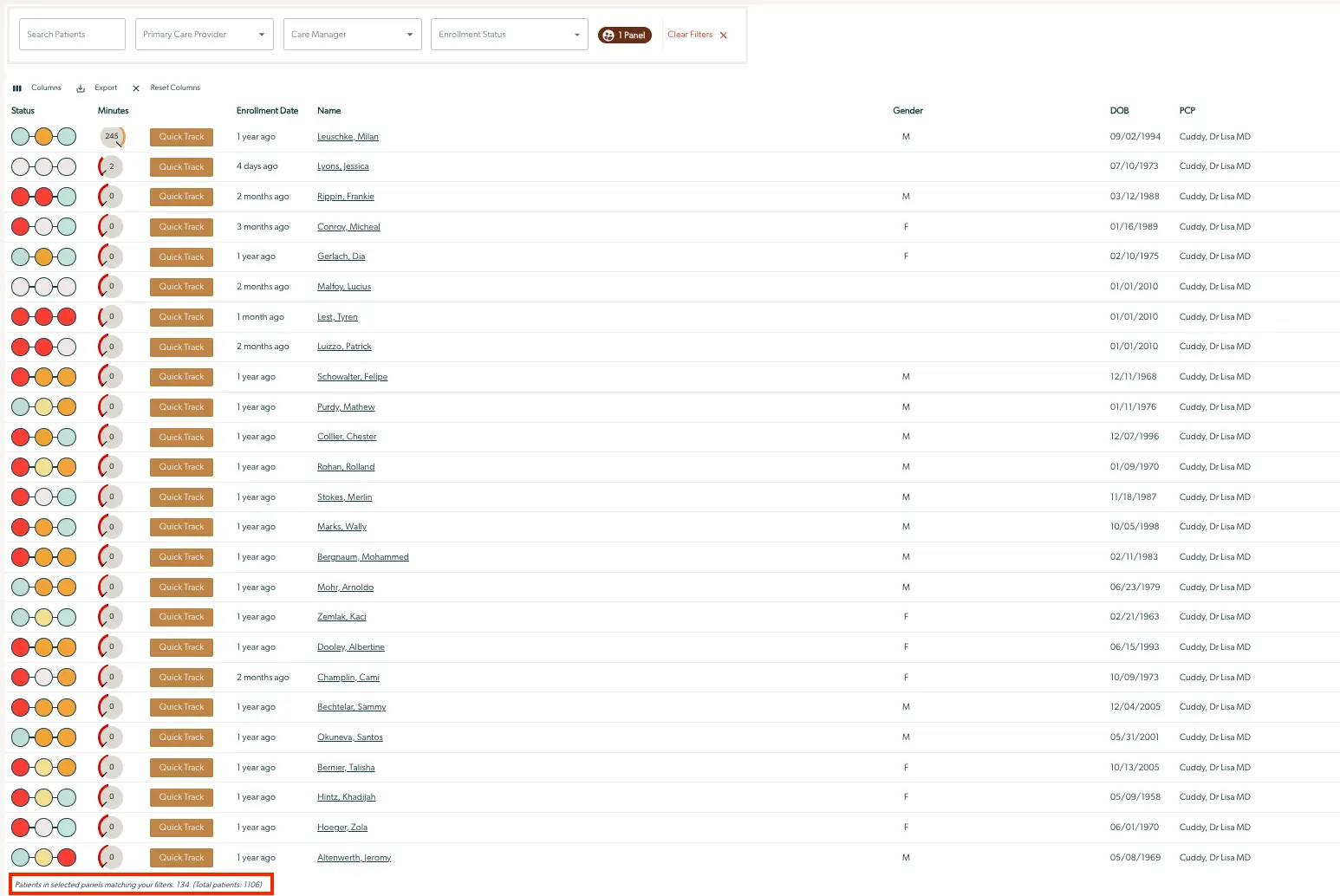 Mirah Collaborative Care Panels Filtered Patient Data View