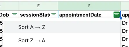 Mirah Collaborative Care Data Exports screen showing sorting options for appointmentDate column.