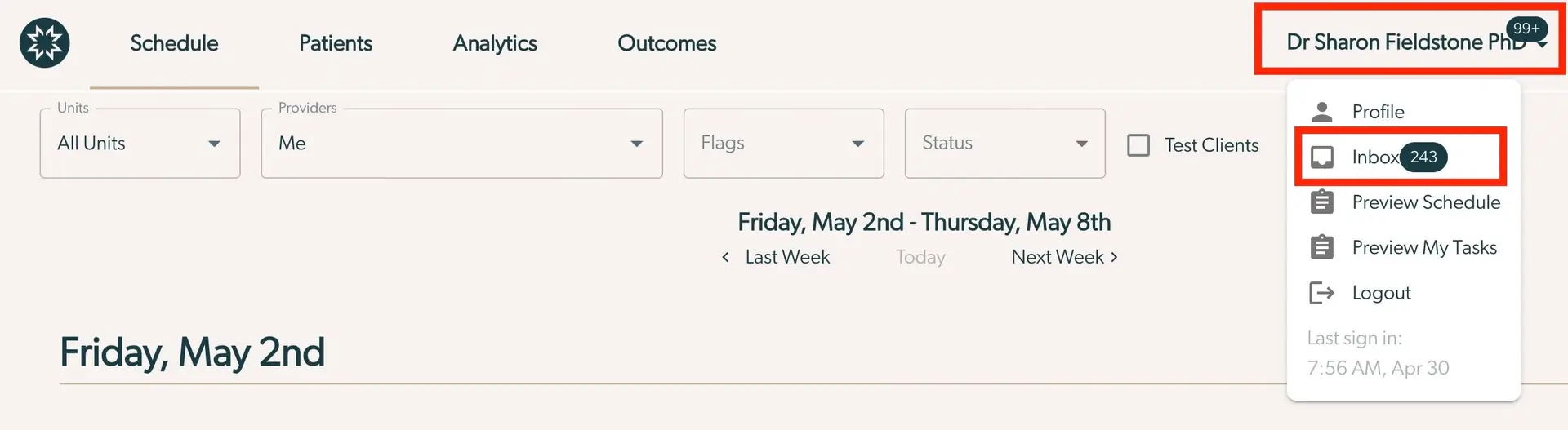 Mirah Collaborative Care main navigation interface showing Dr Sharon Fieldstone PhD's profile options and schedule filters.