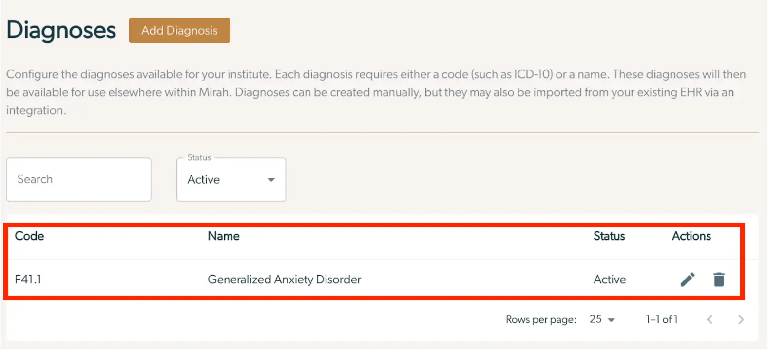 Mirah Collaborative Care Diagnoses Configuration Page