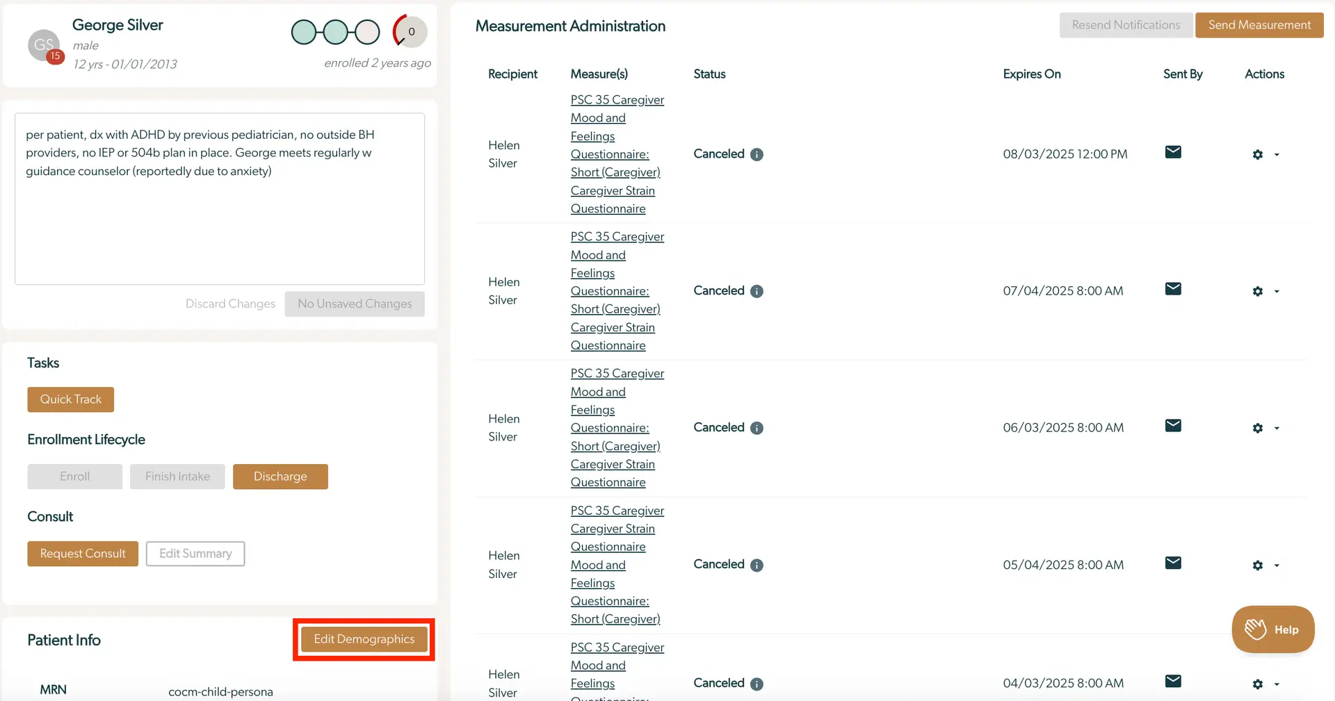 Mirah Collaborative Care - Patient Profile for George Silver with Measurement Administration details