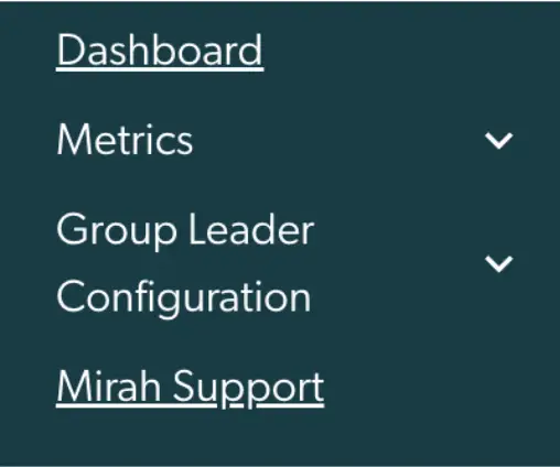 Mirah Collaborative Care Multi-Site Manager navigation menu with options for Dashboard, Metrics, Group Leader Configuration, and Mirah Support.