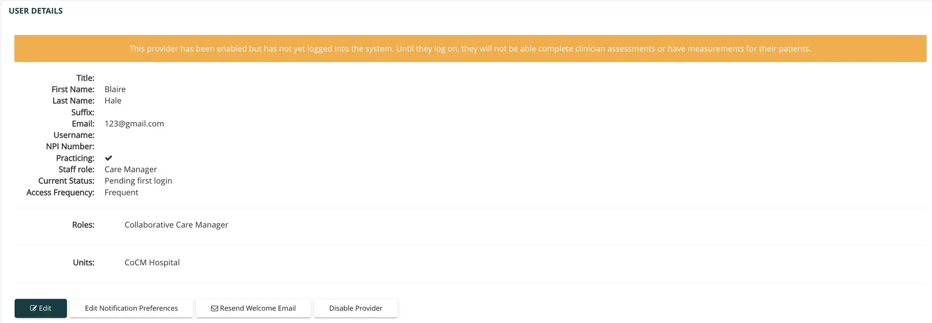 User Details page for managing a care manager in Mirah Collaborative Care system