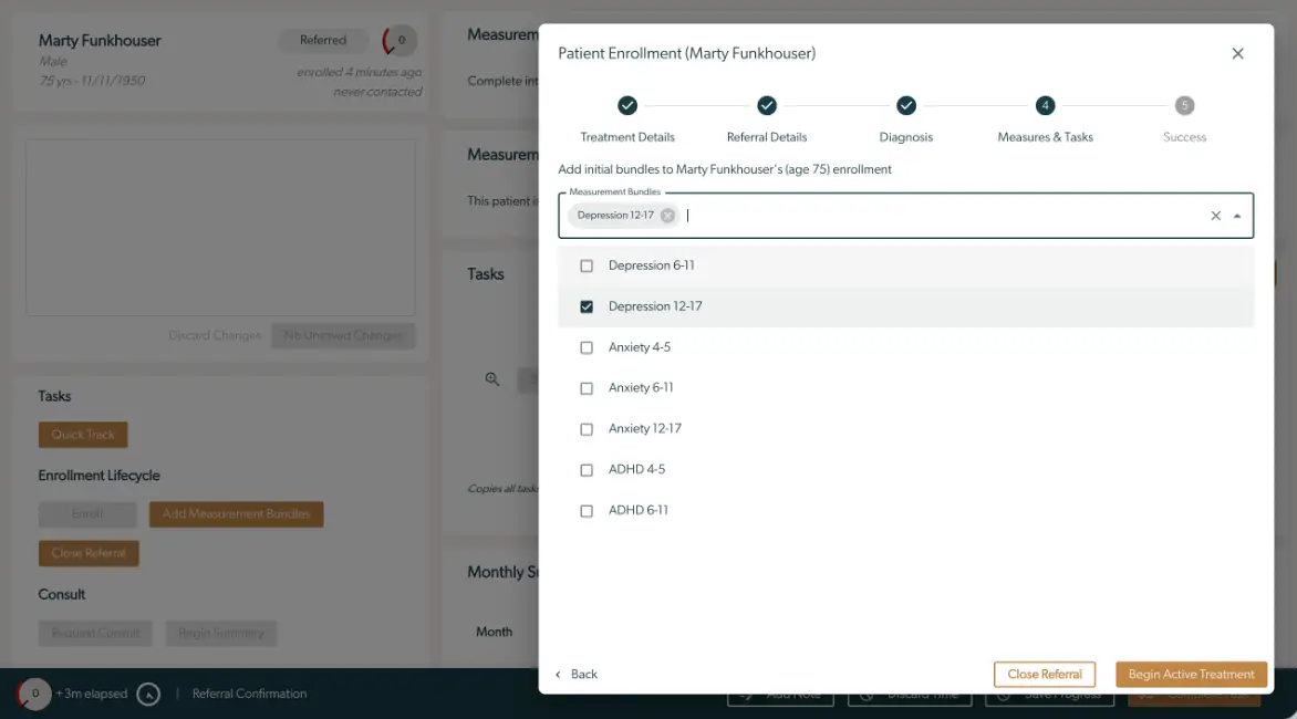 Patient Enrollment screen for Marty Funkhouser in Mirah Collaborative Care, showing measurement bundle selection.