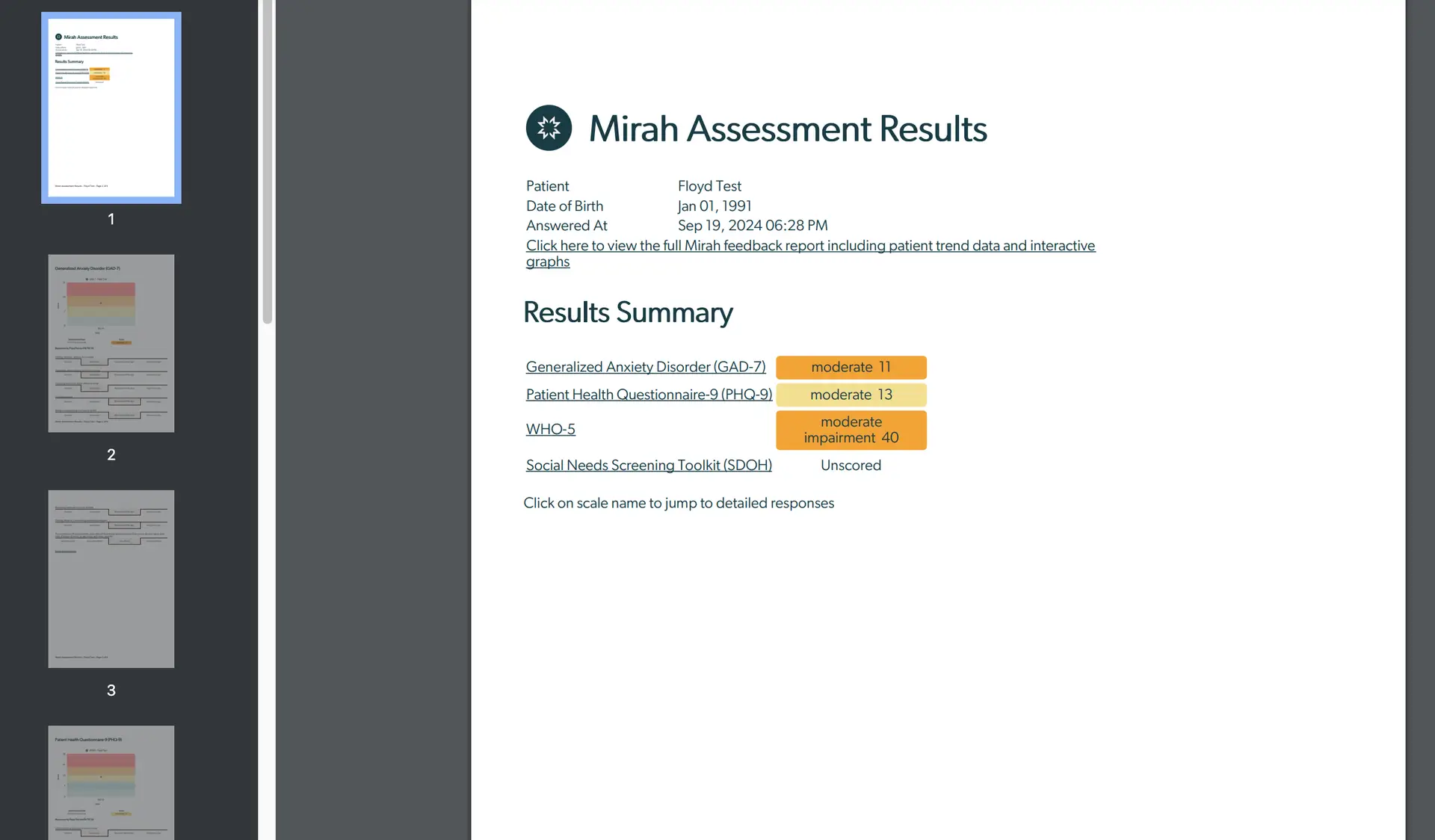 Mirah Assessment Results page showing patient assessment summary and navigation panel.