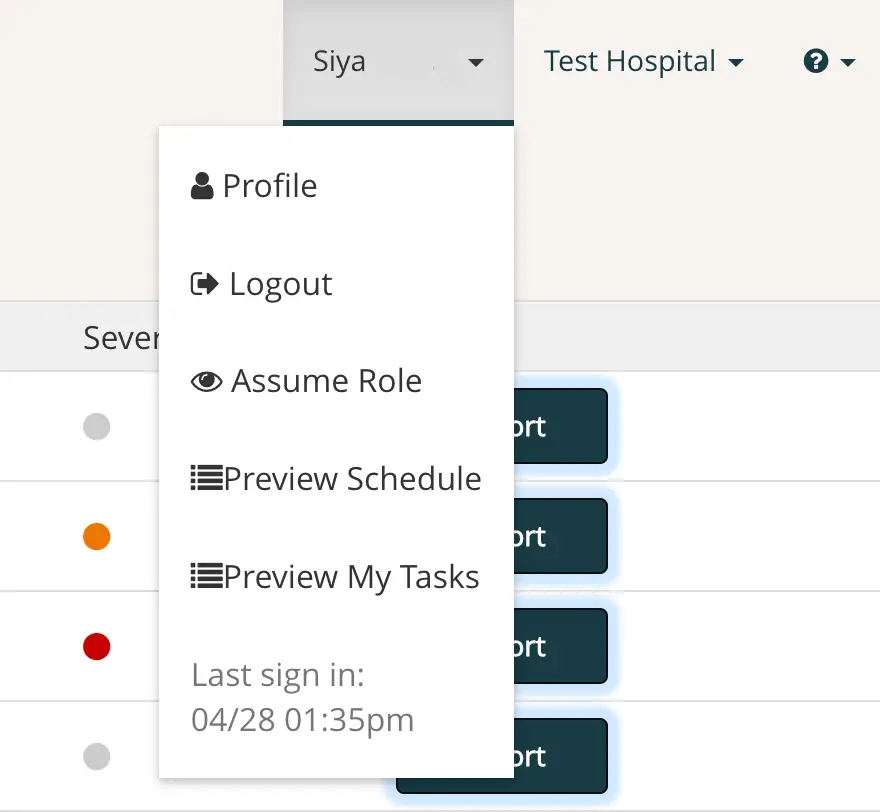 User dropdown menu in Mirah Collaborative Care application showing options for profile, logout, assume role, preview schedule, and preview tasks.