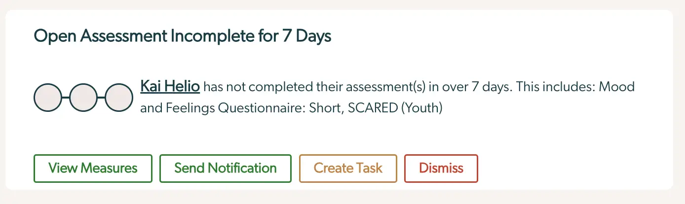 Dashboard - Open Assessment Incomplete for 7 Days notification for Kai Helio