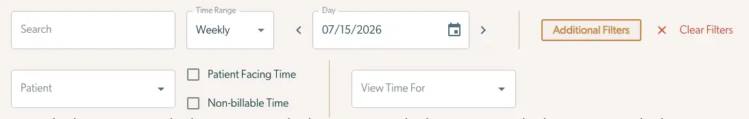 Mirah Collaborative Care My Time page with time management filters and options.