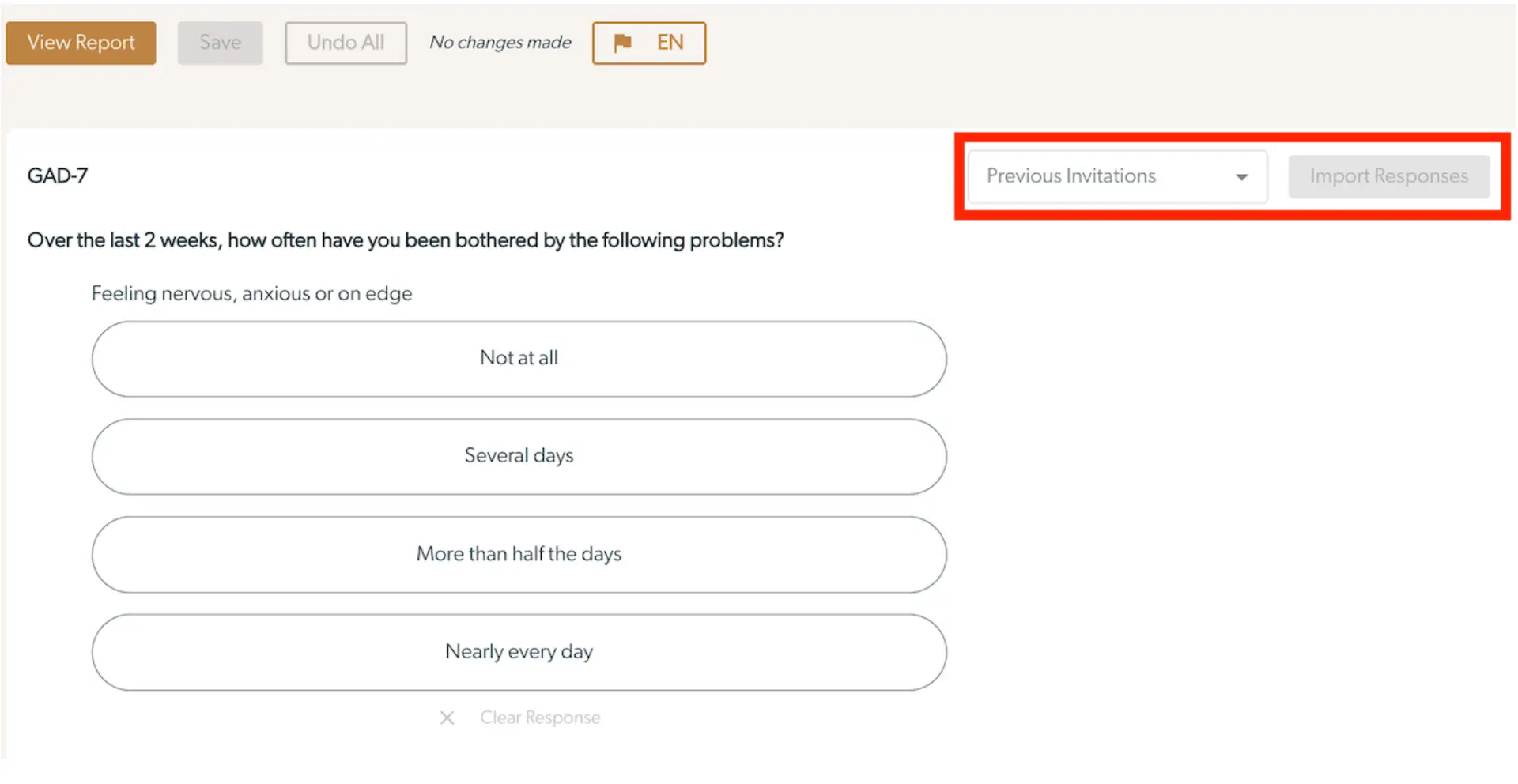 Mirah Collaborative Care GAD-7 questionnaire interface for sending measures manually to patients.