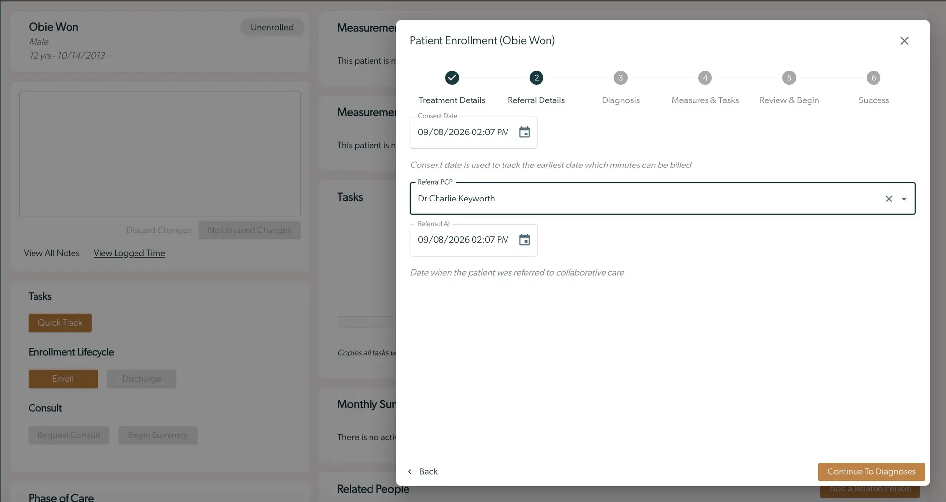 Mirah Collaborative Care Patient Enrollment screen for Obie Won showing Referral Details step.