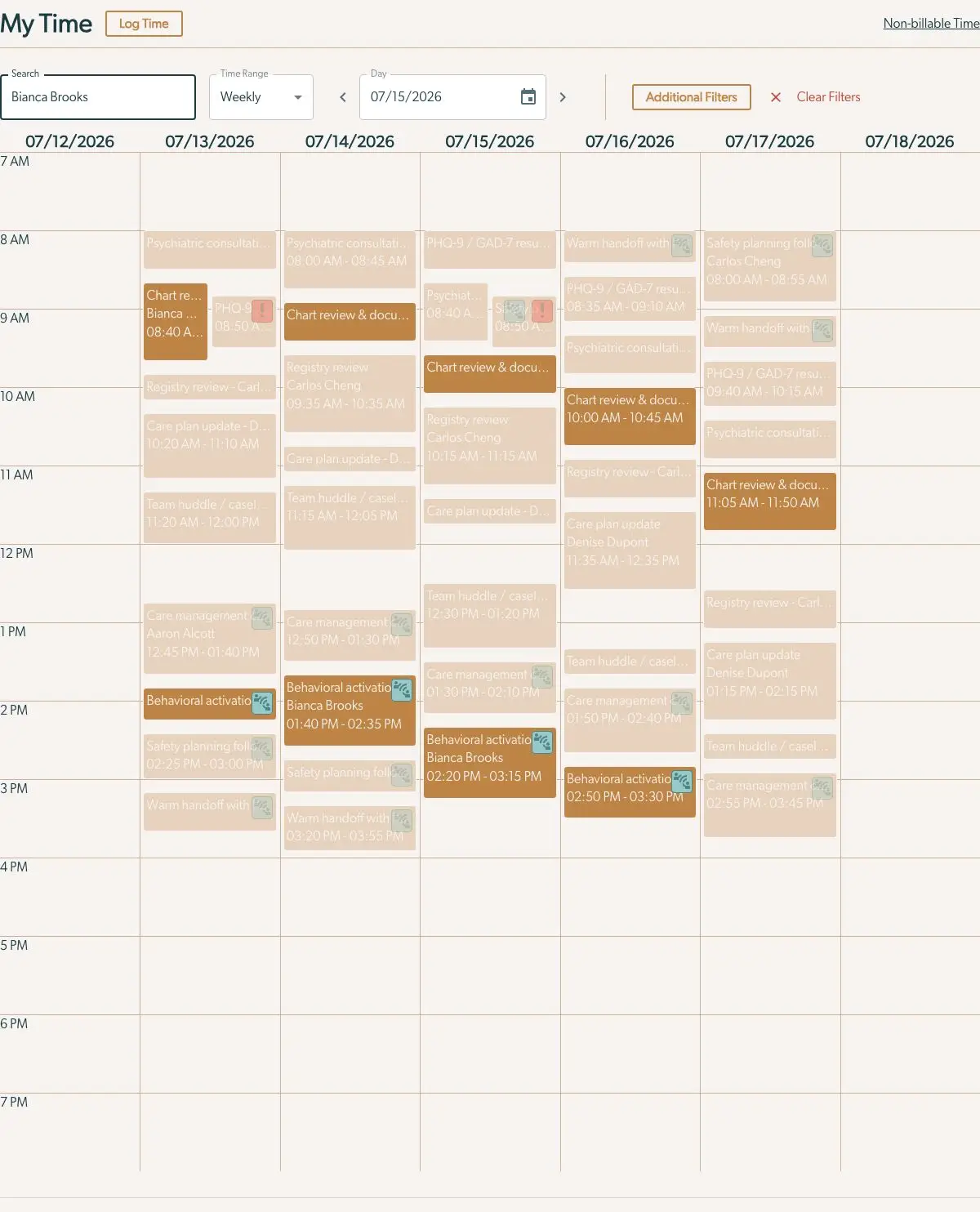 My Time page showing a weekly schedule with activities and time slots from July 12 to July 18, 2026.