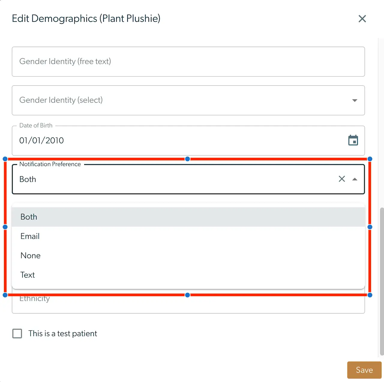 Edit Demographics screen for Plant Plushie in Mirah Collaborative Care, showing notification preferences options.