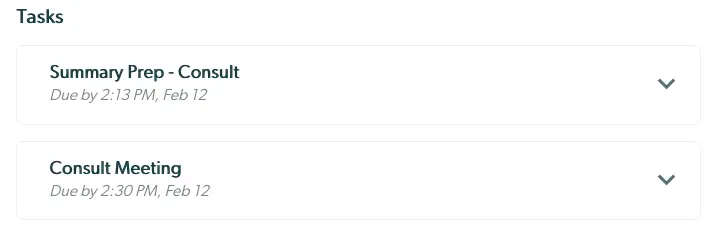 Mirah Collaborative Care Tasks section showing Summary Prep and Consult Meeting tasks with due times.