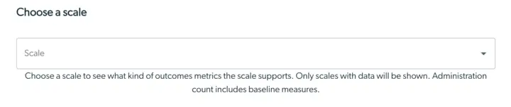 Mirah Collaborative Care Outcomes Framework - Select a Scale screen showing a dropdown menu for choosing a scale with explanatory text.