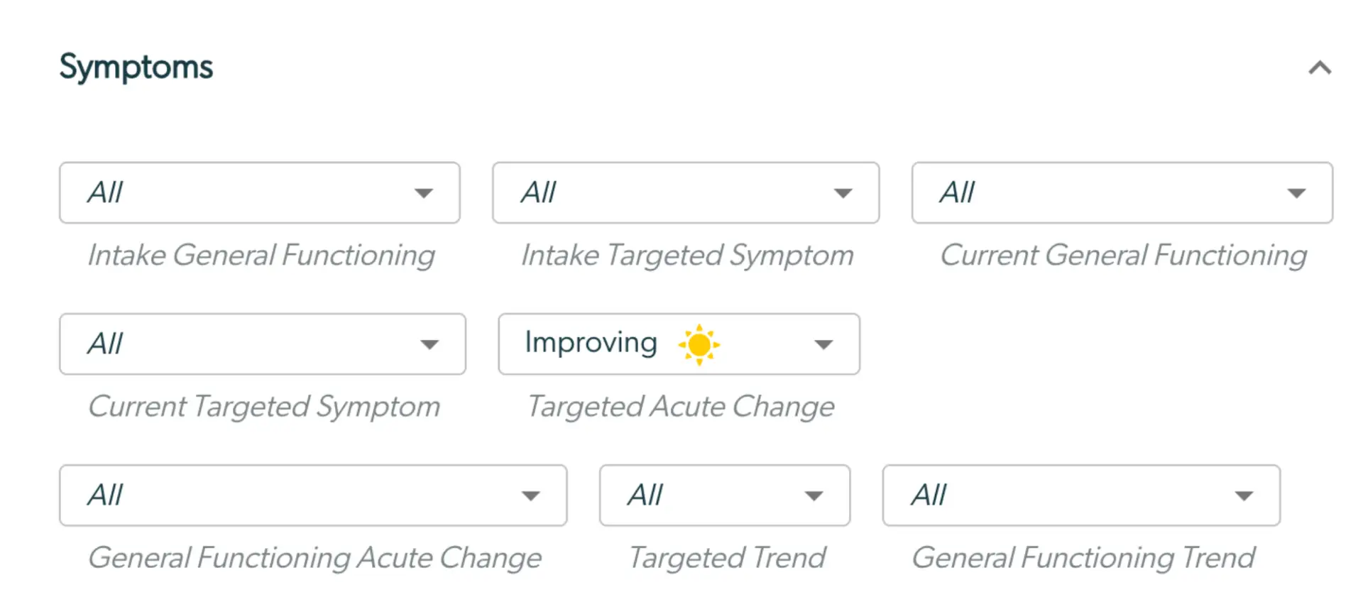 Mirah Collaborative Care Panels - Symptoms filtering options for systematic caseload review.