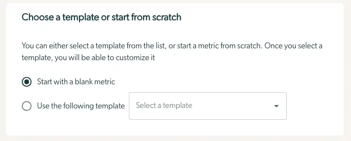 Mirah Collaborative Care Outcomes Framework - Create a Metric screen with options to start with a blank metric or use a template.
