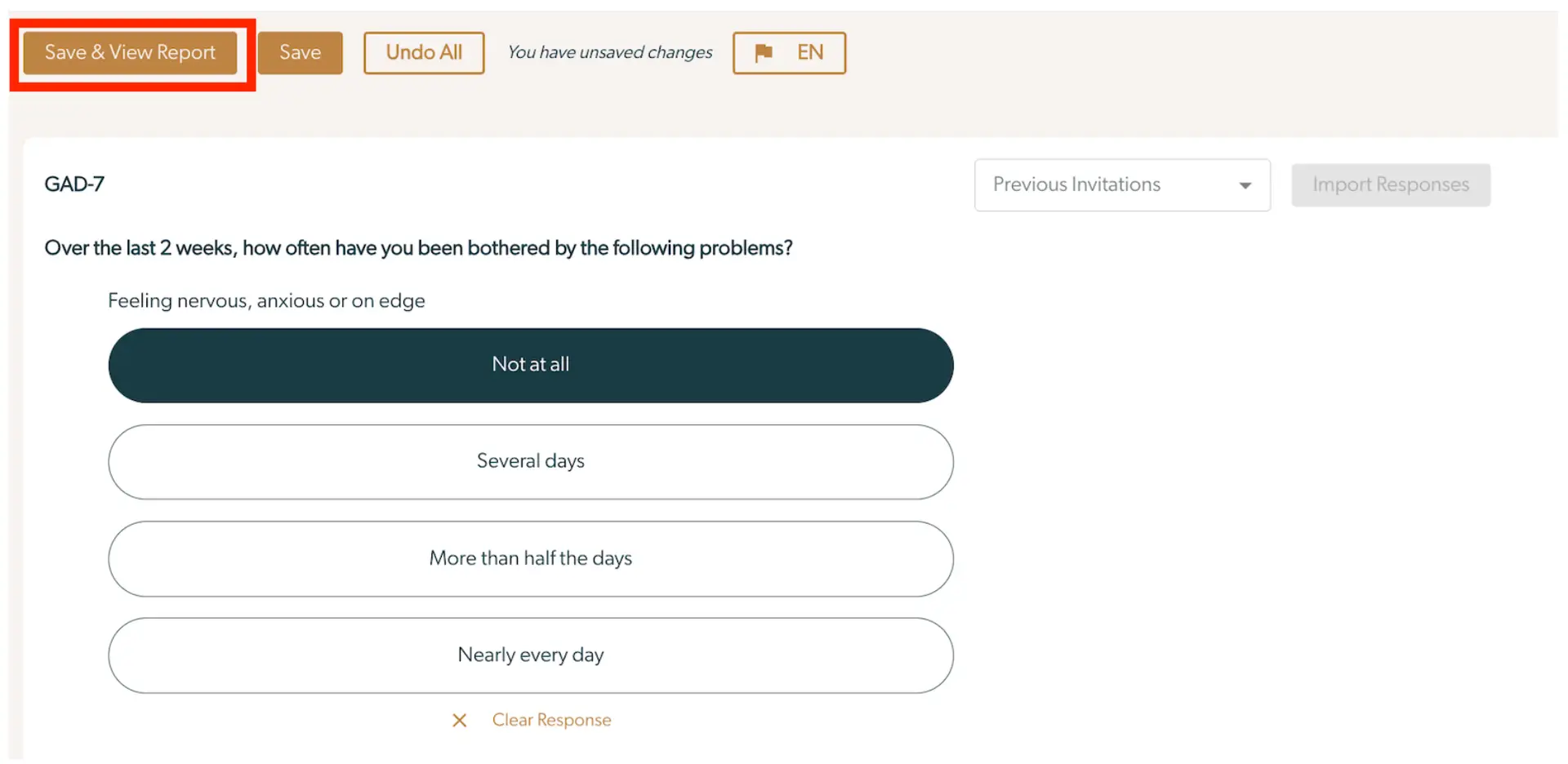 Mirah Collaborative Care platform screen for manually sending a GAD-7 measure with options to save, undo, and select responses.