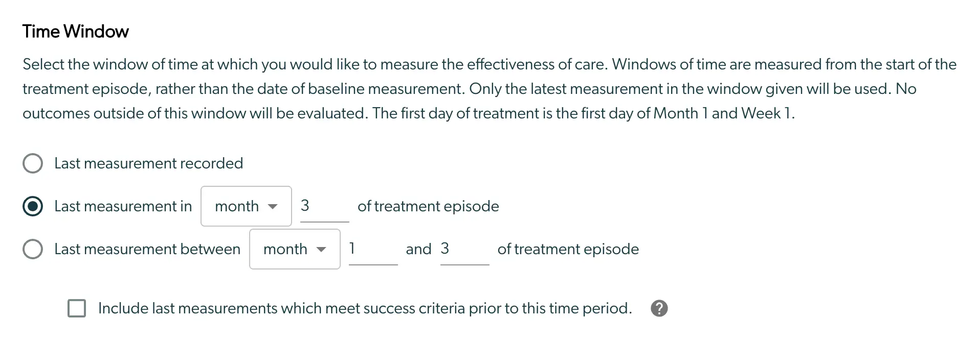 Mirah Collaborative Care Outcomes Framework Time Window selection screen.