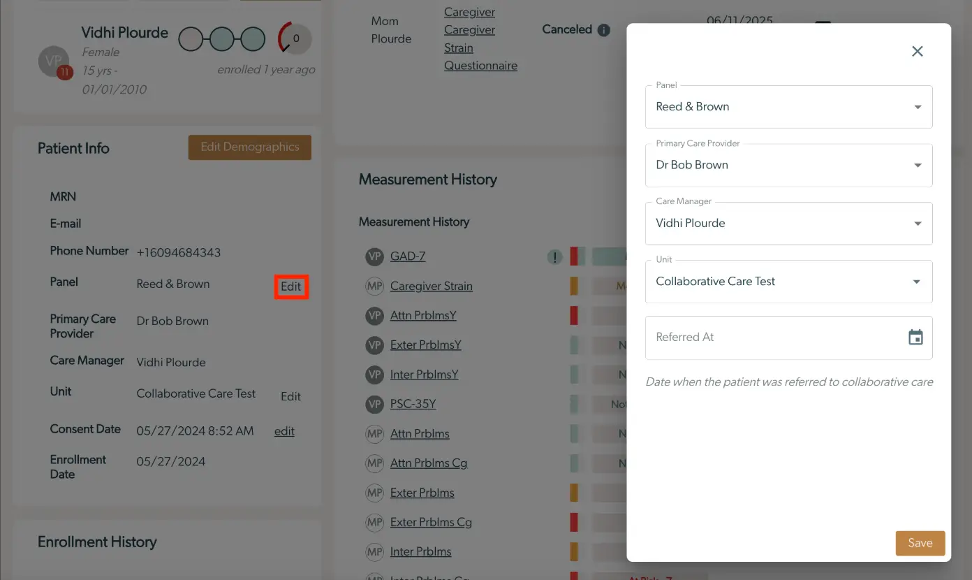 Mirah Collaborative Care - Edit Patient's Care Team screen showing patient info and editing panel