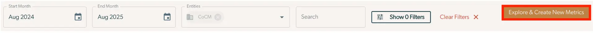 Mirah Collaborative Care Outcomes Framework Create a Metric interface with date selection, entity filter, and explore metrics button.