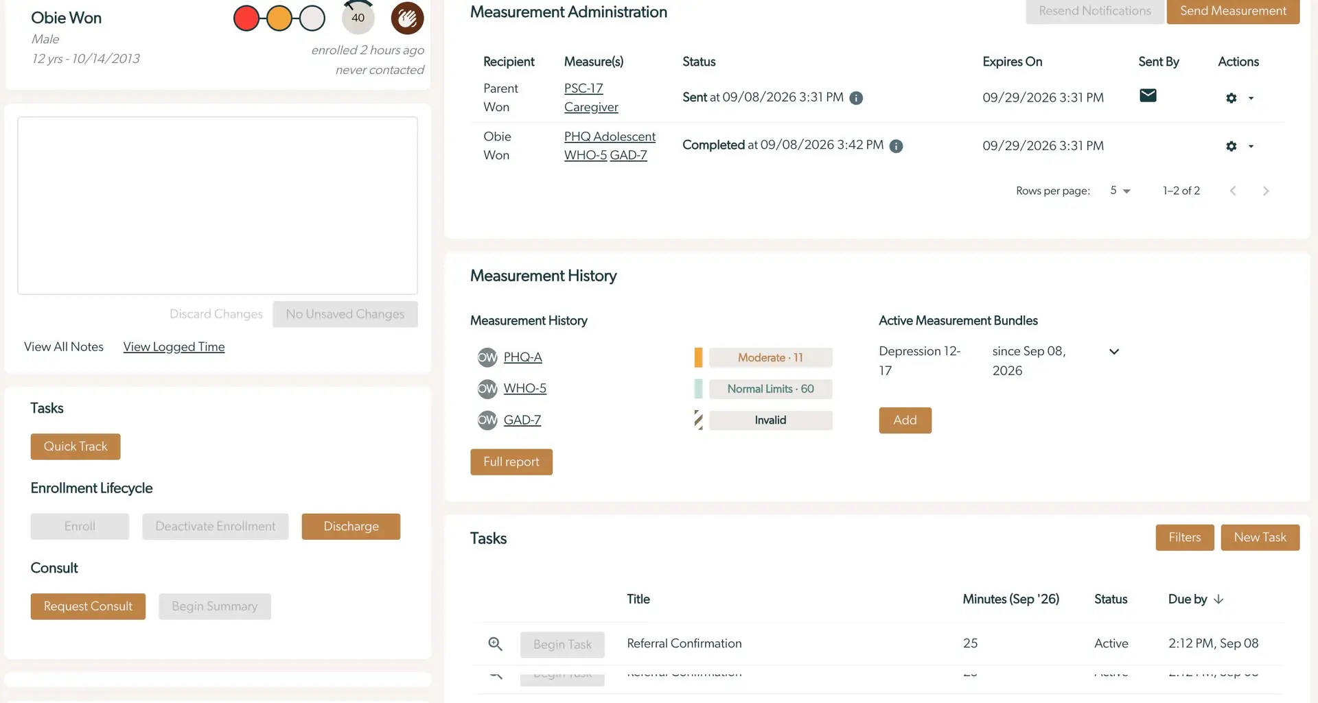 Mirah Collaborative Care patient enrollment and intake screen for Obie Won, showing patient details, measurement administration, history, tasks, and enrollment options.
