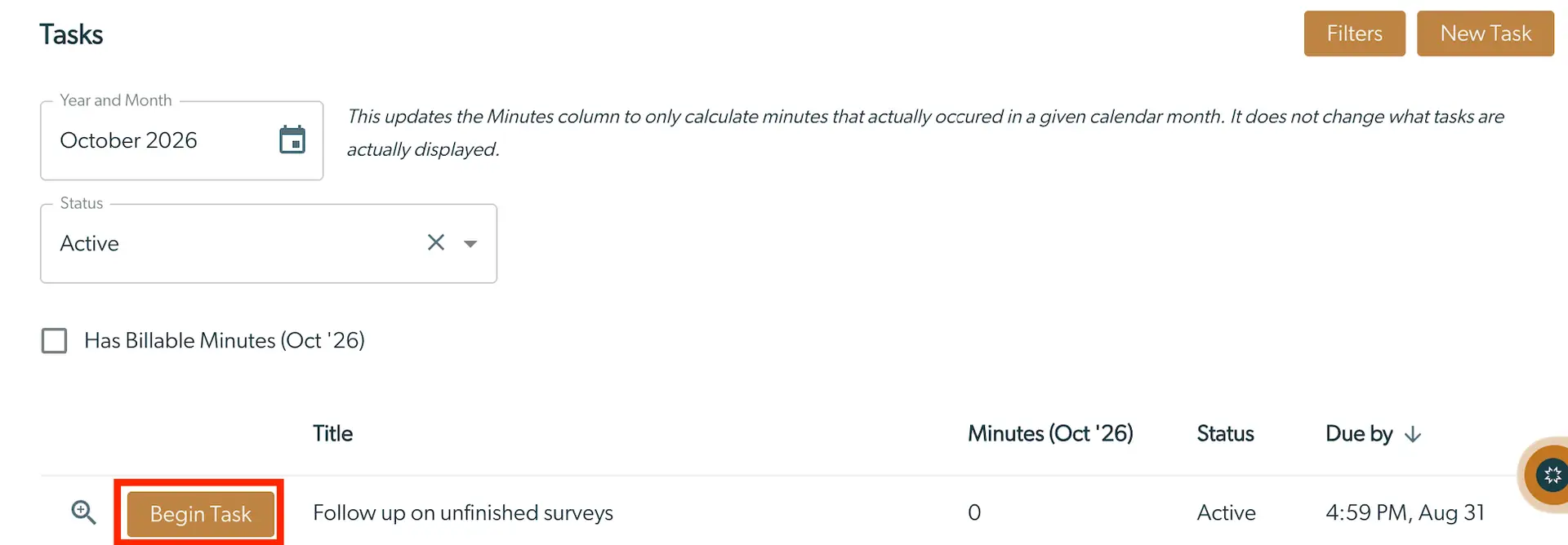 Mirah Collaborative Care Tasks interface for recording time on a task, showing filters, task details, and a Begin Task button.