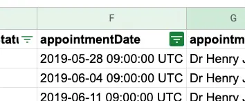 Mirah Collaborative Care data export spreadsheet showing appointment dates and providers.