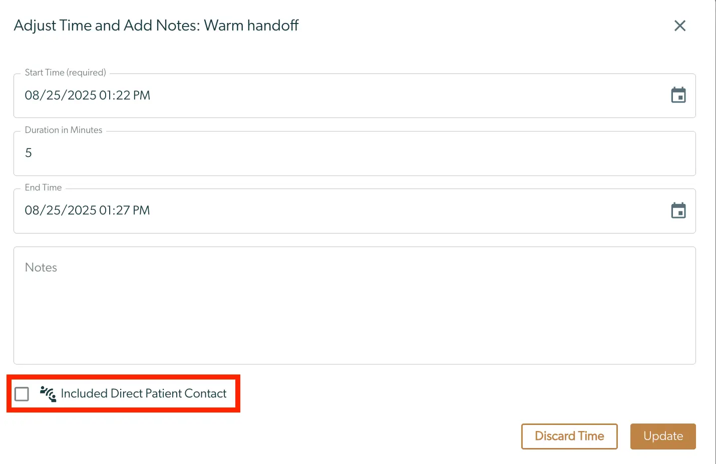Mirah Collaborative Care Adjust Time and Add Notes screen for Warm handoff task