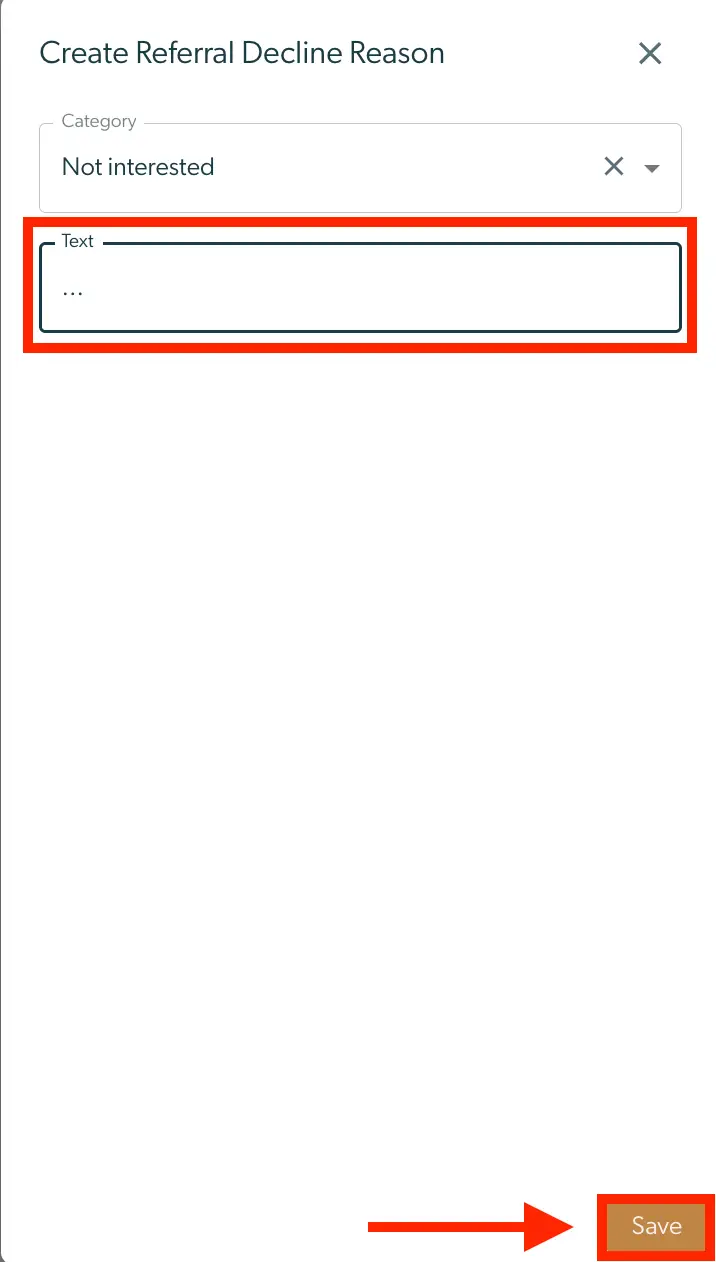 Create Referral Decline Reason screen in Mirah Collaborative Care with category selection and text input field.