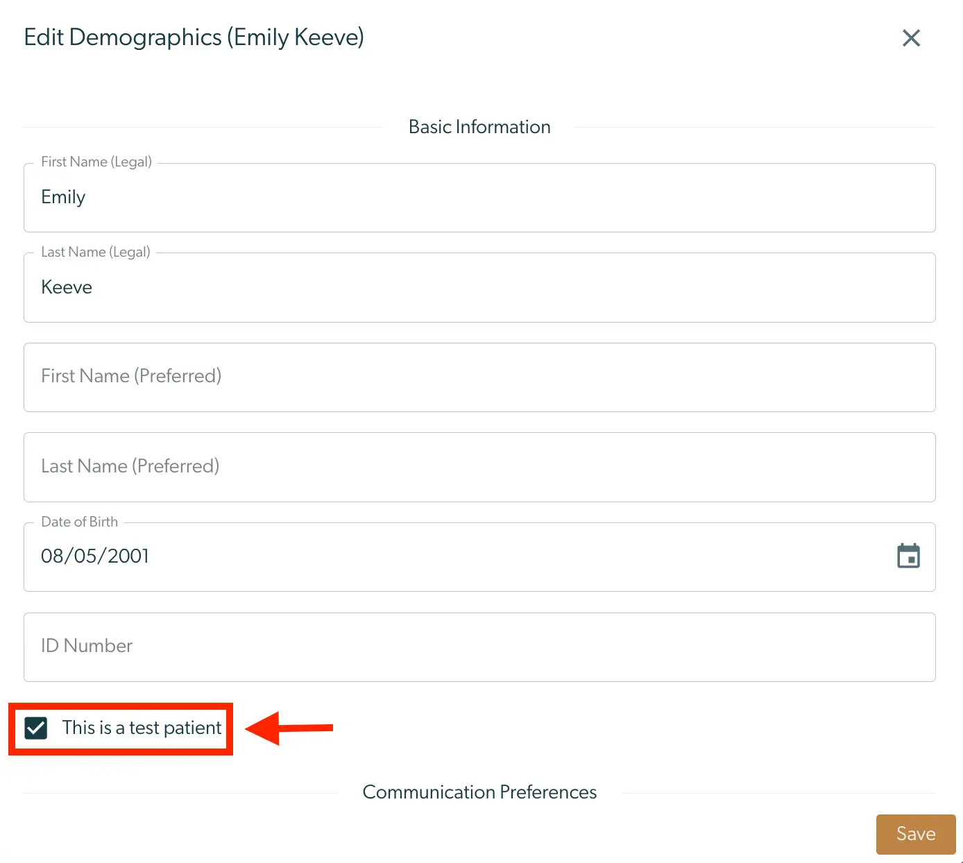 Edit Demographics screen for Emily Keeve in Mirah Collaborative Care, showing fields for patient information and a test patient checkbox.