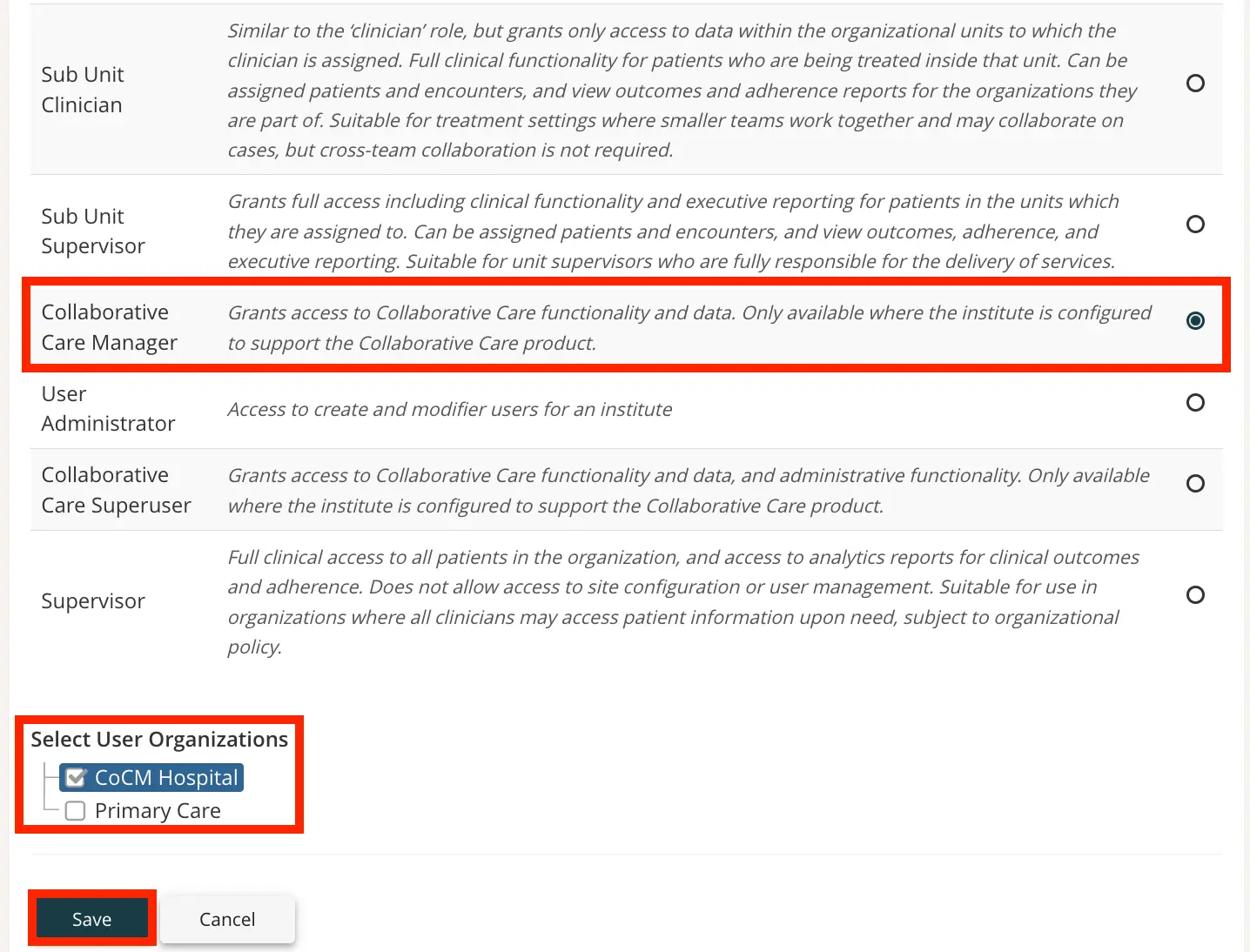 Mirah Collaborative Care user role selection screen for managing users in collaborative care, with Collaborative Care Manager role selected and CoCM Hospital organization chosen.