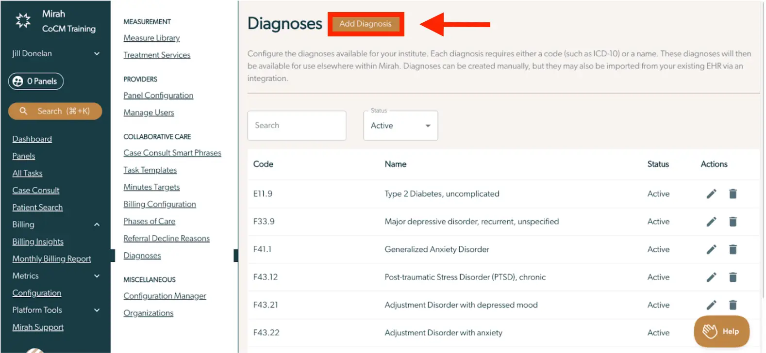 Mirah Collaborative Care Diagnoses configuration page with Add Diagnosis button and list of diagnosis codes.