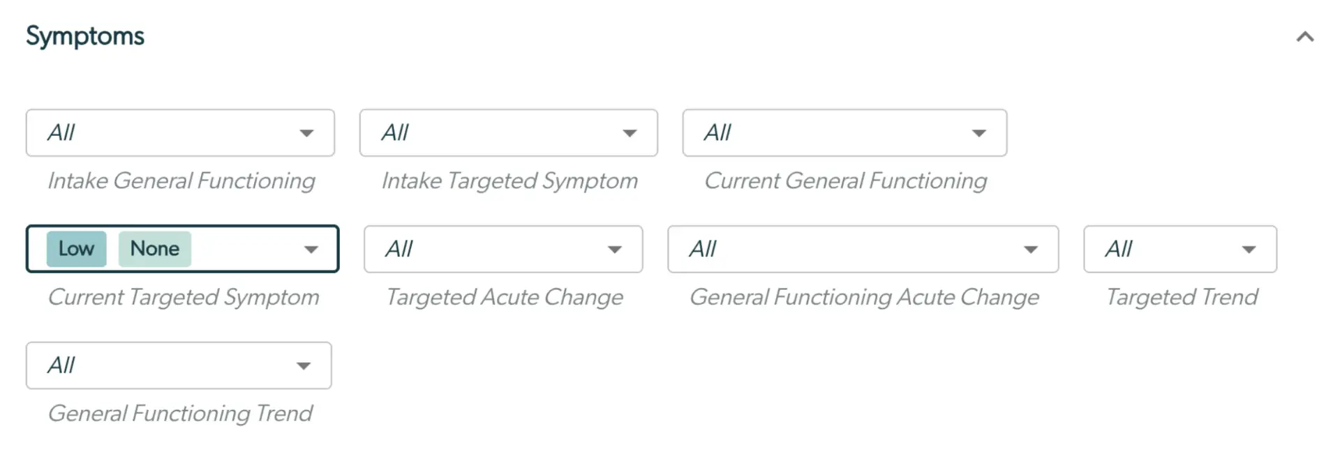 Mirah Collaborative Care Panels - Symptoms filtering options for systematic caseload review.