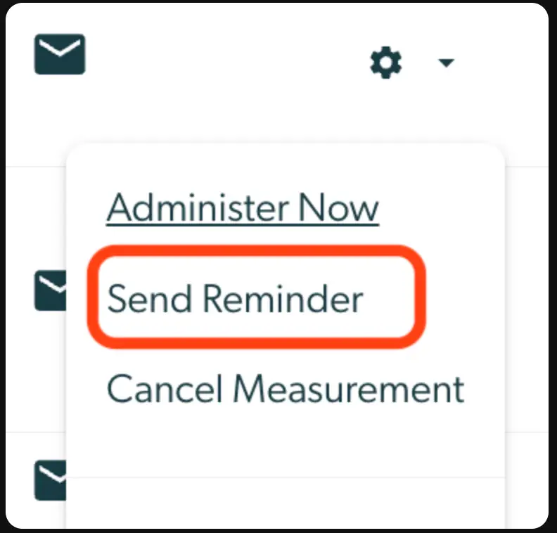 Mirah Collaborative Care Patients feature dropdown menu with options to administer now, send reminder, and cancel measurement.