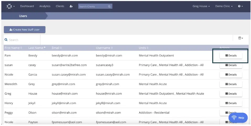 Mirah Collaborative Care Users page showing user management table with details buttons.
