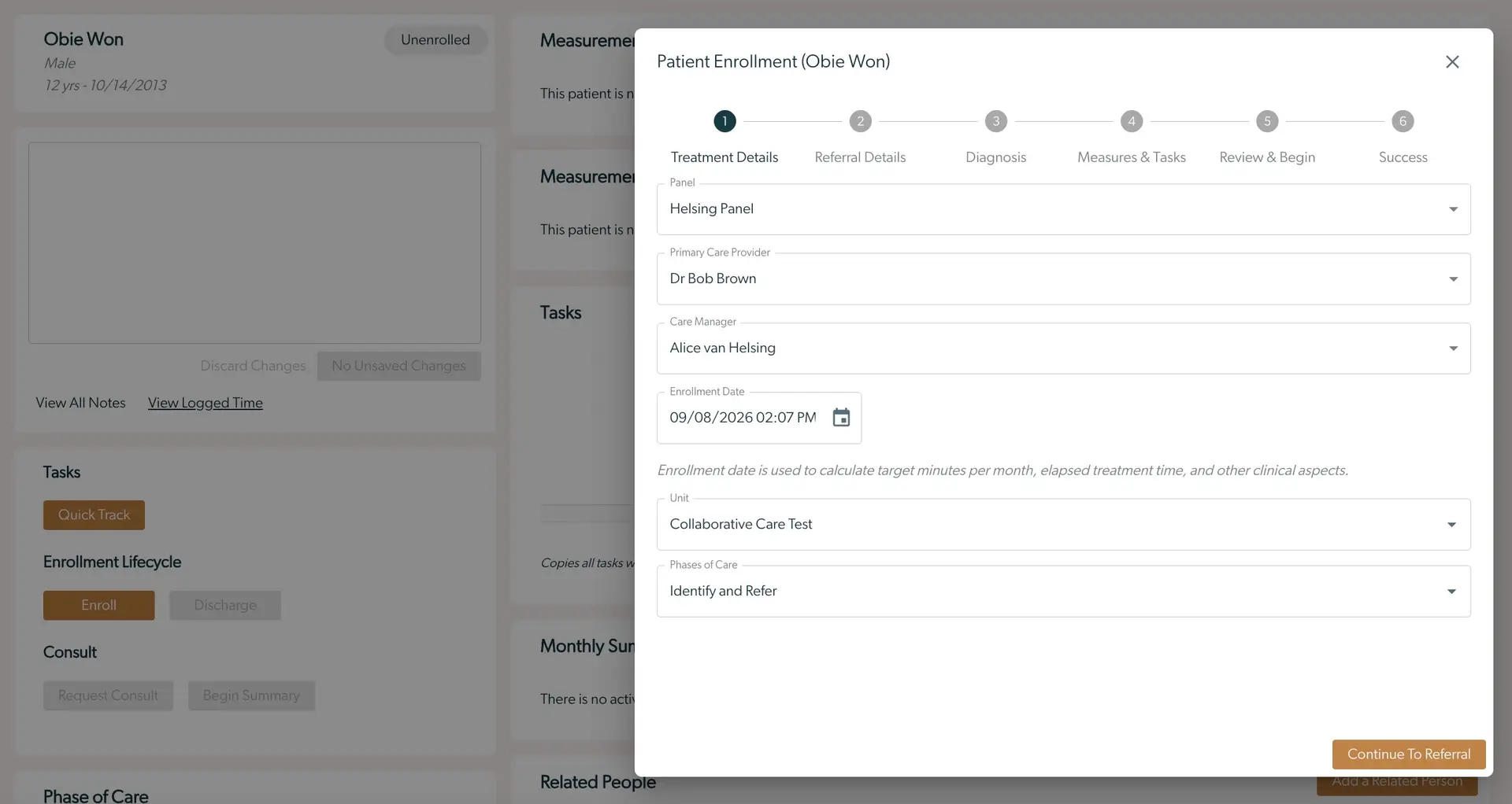 Mirah Collaborative Care Patient Enrollment screen for Obie Won showing Treatment Details step.