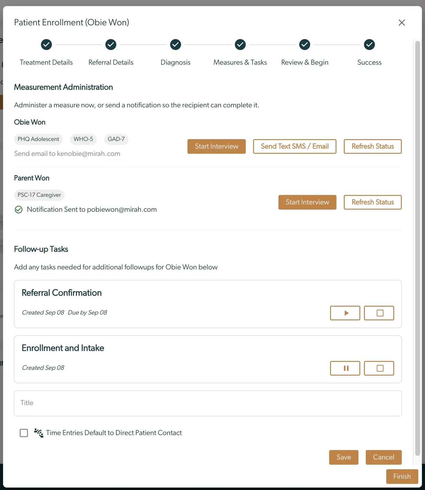 Mirah Collaborative Care Patient Enrollment screen for Obie Won showing measurement administration and follow-up tasks.