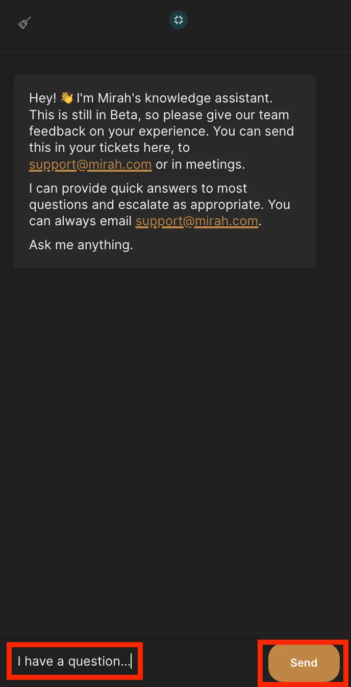 Chat interface with Mirah's knowledge assistant in Beta, featuring a text input field and a Send button for user queries.