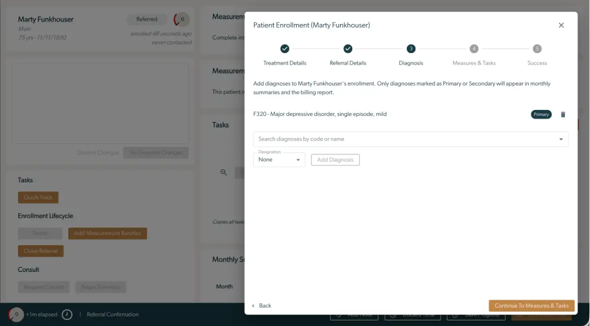 Mirah Collaborative Care Patient Enrollment Diagnosis Step