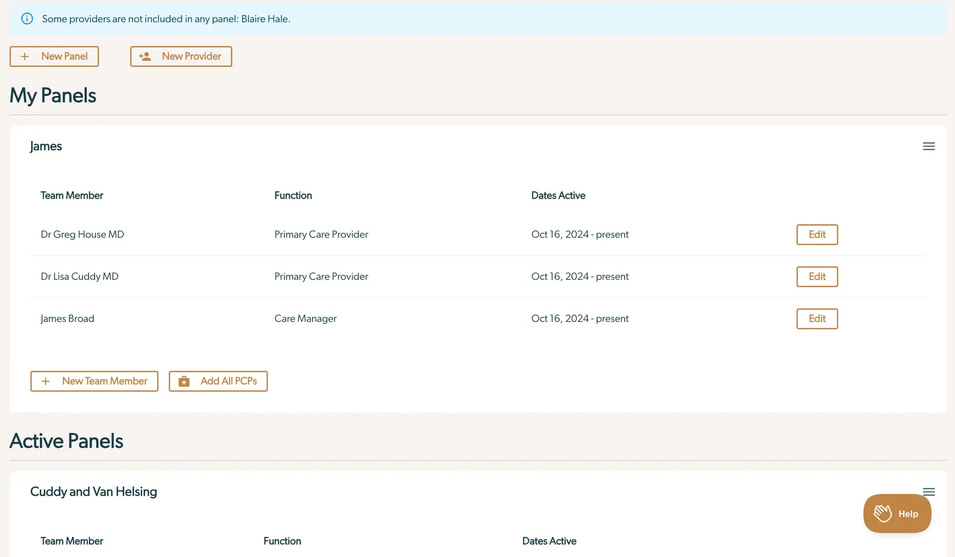 Mirah Collaborative Care My Panels screen showing team members and functions