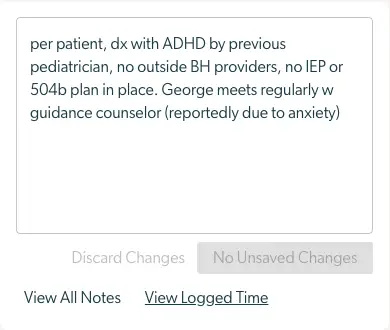 Mirah Collaborative Care Patients feature screen showing patient notes and options to view all notes or logged time.